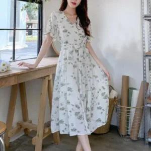 /옷자락 여성 러블리 꽃무늬 허리끈 롱 원피스