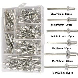 120pcs 블라인드 리벳 알루미늄 M3.2 M4 돔 헤드 블라인드 팝 리벳 모듬 세트 리벳 키트 네일 풀 가구 구색 키트