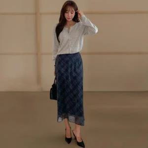 [하프클럽/]여성 체크 패턴 쉬폰 레이어드 롱 스커트