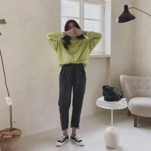 [하프클럽/]여성 면100 허리끈 절개 배기핏 밴딩 청바지
