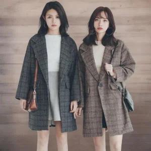 [하프클럽/]여성 체크 패턴 간절기 롱 하프 자켓 카라넥 모직