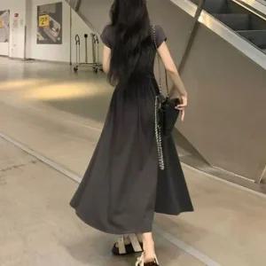 여성 글램 브이넥 셔링 플레어 트임 반팔 롱 원피스