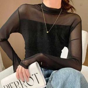 데일리 오피스룩 시크 시스루 폴라 티셔츠 홀복 목폴라티 봄신상