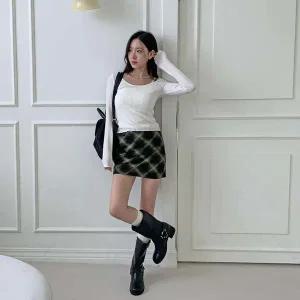[하프클럽/]여성 톤 체크 H라인 지퍼 레이온 미니 스커트