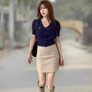 [하프클럽/]여성 클래식 단색 면 스판 H라인 미니 치마