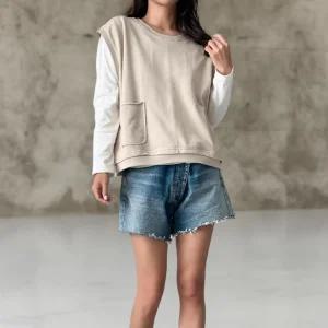 여성 컷오프 FW 주머니 코튼 베스트 박시핏 롤롤 베스트