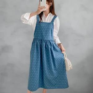 여성 청멜빵 백리스 도트 대형 사이즈 밴딩 면 롱드레스