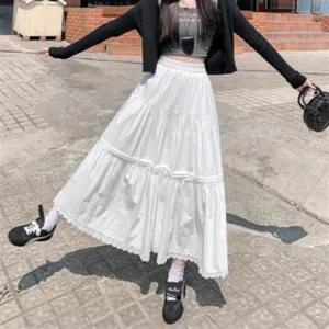 여자 티어드 고무줄 흰색 후레아 롱 귀여운 스커트