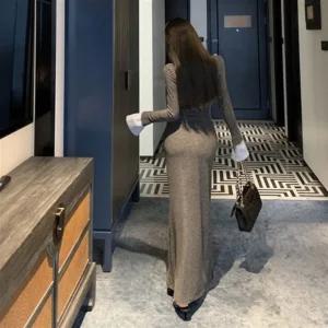 여자 골지 소매 레이어드 슬림핏 트임 롱 원피스