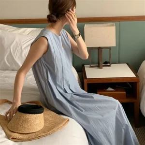 여성 바스락 라운드넥 민소매 플레어 롱 원피스