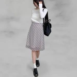 [다잇템] 여성 격자 코디 중간 키치무드 시폰 패턴 스커트_22889552_588872