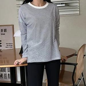 [샵앤]국산 라운드 여성 1mm 단가라 잔줄무늬 긴팔티 LL-WSH-4828-아이보리