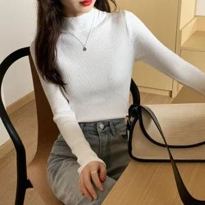 [오노마] ONM 여성 베이직 세로 골지 반폴라 긴팔 니트 티셔츠