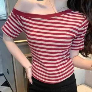 [오노마] ONM 스트라이프 오프숄더 슬림 반팔 크롭티  41017581)