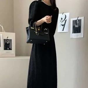 여자 무지 시스루 패턴 7부소매 허리끈 롱 원피스