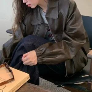 여자 키치무드 포켓 루즈핏 가죽 집업 점퍼