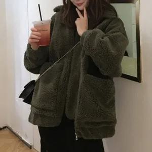 여자 무지컬러 뽀글이 카라넥 집업 포켓 양털 점퍼