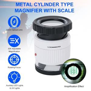 LED 스케일 루페 30X 조정 가능한 배율 돋보기 스케일이있는 금속 실린더 거울 작은 독서 쥬얼리