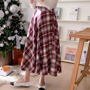 [옷자락]여자 발레코어룩 후레아 격자 크리스마스 롱스커트