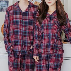 (제이지몰)여성 남자 커플 파자마 사방스판 체크 홈웨어 피치기모 잠옷 상하 세트