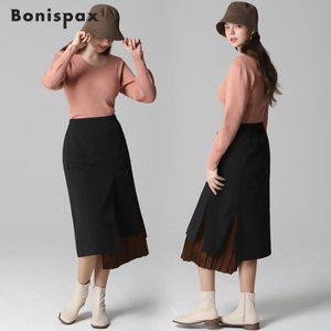 보니스팍스 주름 배색 H라인 스커트