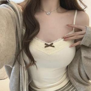 [오노마] ONM 여성 레이스 민소매 리본포인트 귀여운 끈나시 럽힙