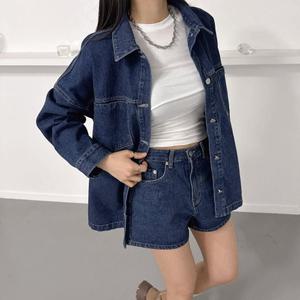 [다잇템] 여자 박시핏 청자켓 주머니 청반바지 쇼츠 개강룩 세트