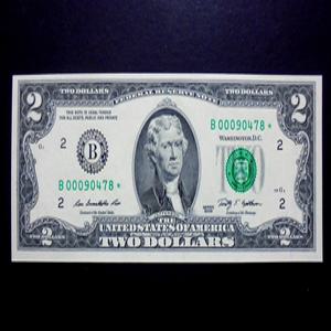 미국 2009년 행운의 2달러 완미 지폐 빠른번호 000포인트 스타노트(star note)(00090478)