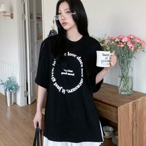 여성 빈티지 옆트임 루즈핏 라운드넥 반팔 티셔츠