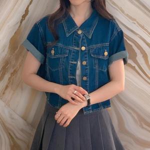 여자 컷팅 카라넥 봄 롤업반팔 크롭 청자켓