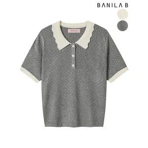 [하프클럽/바닐라비]여성 물결 카라 배색 반팔 니트
