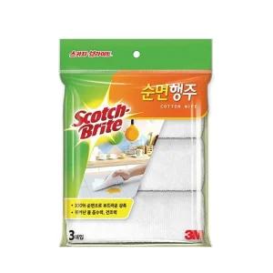 3M 스카치브라이트 3297 베이직 순면 행주 3매/빨아쓰는/면/주방/타올/물/업소용/식당/다회용/키친/흰행주