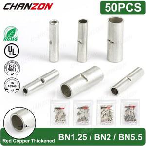 50PC BN1.25 BN2 BN5.5 주석 도금 빨간색 구리 비절연 버트 조인트 와이어 커넥터 키트 압착 스플라이스 케이블 슬리브 터미널 22 10Awg