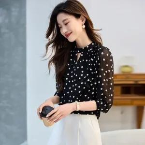 마킷3 여성 루즈핏 셔츠 여름옷 칠부 소매 도트 쉬폰 블라우스 상의 예쁜 JEN1
