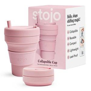빨대가 달린 스토조 타이탄 접이식 여행용 컵 - 카네이션 핑크, 24온스 / 710ml 뜨거운 음료와 차가운 음료를 위한 재사용 가능한 테이크아웃 포켓 사이즈 실리콘 캠핑 및 하이킹 전자레인지 식기세척기 안전