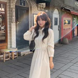 (허리핏조절/출근룩하객룩/군살삭제핏) 에르마 셔츠 카라 스트랩 긴팔 롱 원피스 op16169