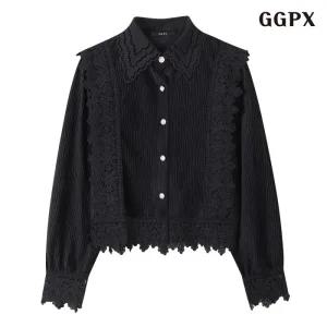 플라워 레이스 프릴 카라넥 블라우스 (GPCBA028D)