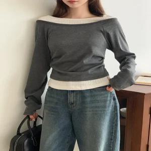 (레이어드한듯/여리핏) 노엘 펀칭 보트넥 배색 레이어드 긴팔 티셔츠 ts4723