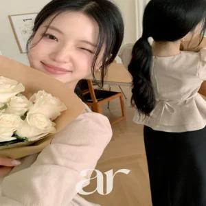 (체형커버/허리잘록핏) 카밀라 리본 스트랩 페플럼 7부 블라우스 bs8421