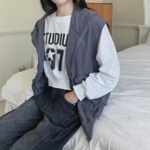 여성 캐주얼 무지 빅포켓 후드 바람막이 베스트