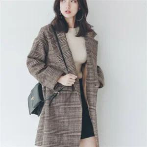 여자 간절기 체크 모직 롱 카라넥 하프 자켓