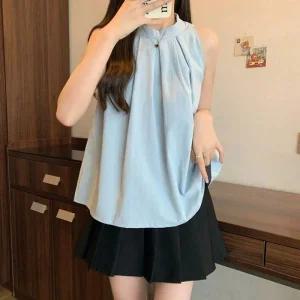 ONM 여성스런 홀터넥 어깨라인 예쁜 셔링 민소매 블라