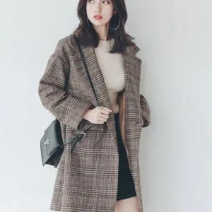 [하프클럽/]여자 간절기 체크 모직 롱 카라넥 하프 자켓