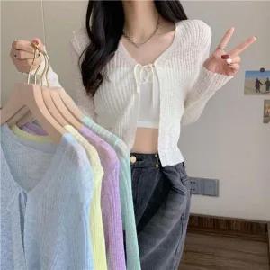 [하프클럽/셀러허브_여성트랜드패션]ONM 시스루 골지 리본 오픈 가디건