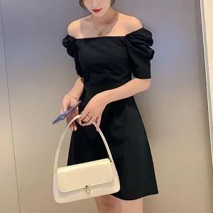[하프클럽/셀러허브_여성트랜드패션]ONM 블랙 퍼프소매 여자 오프숄더 미니