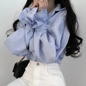 여성 키치무드 스트라이프 벌룬 소매 루즈핏 남방
