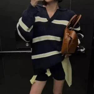 [다잇템] 여성 줄무늬 박시핏 카라넥 투피스 스웨터 세트