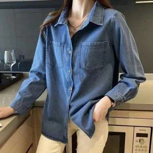 베이직 여성 빈티지 진청 데님 셔츠 남방