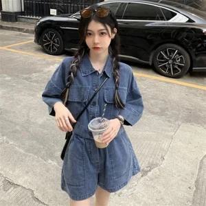 여자 키치무드 데님 포켓 반팔남방 하이 반바지 세트