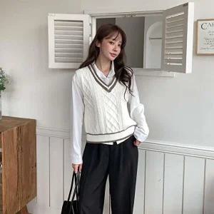 [옷자락]여성 컬러배색 셔츠와 꽈배기 니트 조끼 세트